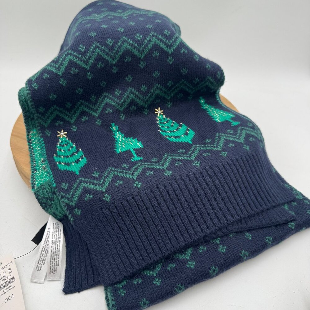 Talbots Whimsy Fair Isle Scarf blue green Trees Holiday Festive Navy Green Gold